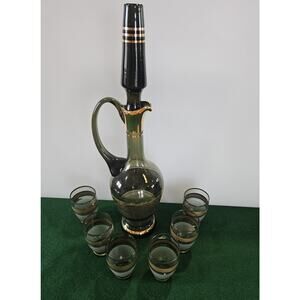 Mid Century Modern Gilt Purple Glass Wine Decanter & Six Glasses MCM